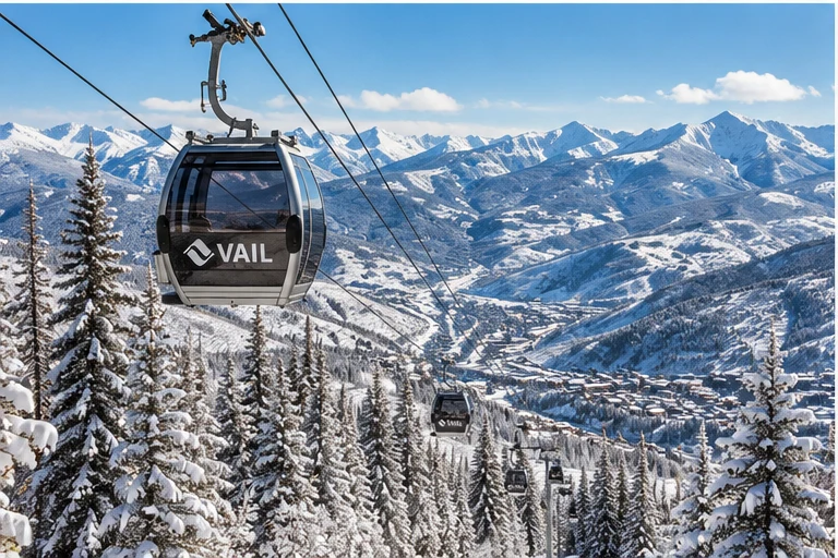 Illustration of gondola and snowy mountain scenery